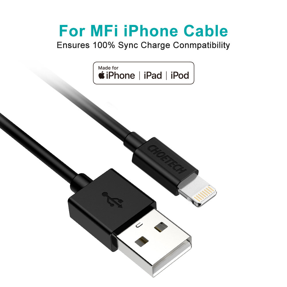 IP0026 CHOETECH Câble Lightning vers USB certifié MFi 2.4A Câble de données de charge rapide pour iPhone 8 X XR XS 7 6 5s iPad Mini et plus