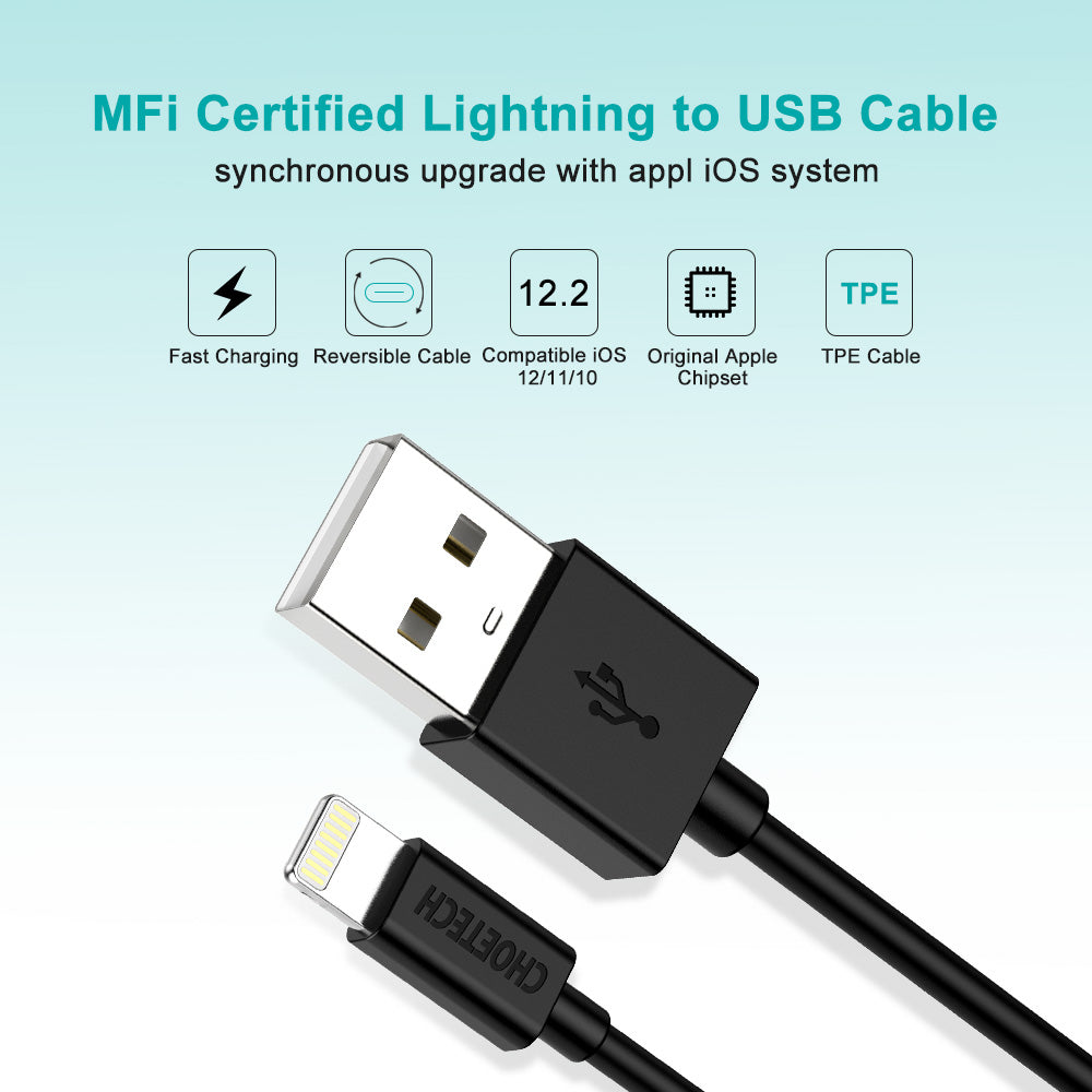 IP0027 CHOETECH [1,8 m] Câble Lightning vers USB certifié MFi 2,4 A Câble de données de charge rapide pour iPhone 8 X XR XS 7 6 5s iPad Mini et plus