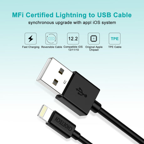 IP0027 CHOETECH [1.8m] MFi Certificado Lightning a USB Cable 2.4A Cable de datos de carga rápida para iPhone 8 X XR XS 7 6 5s iPad Mini y más