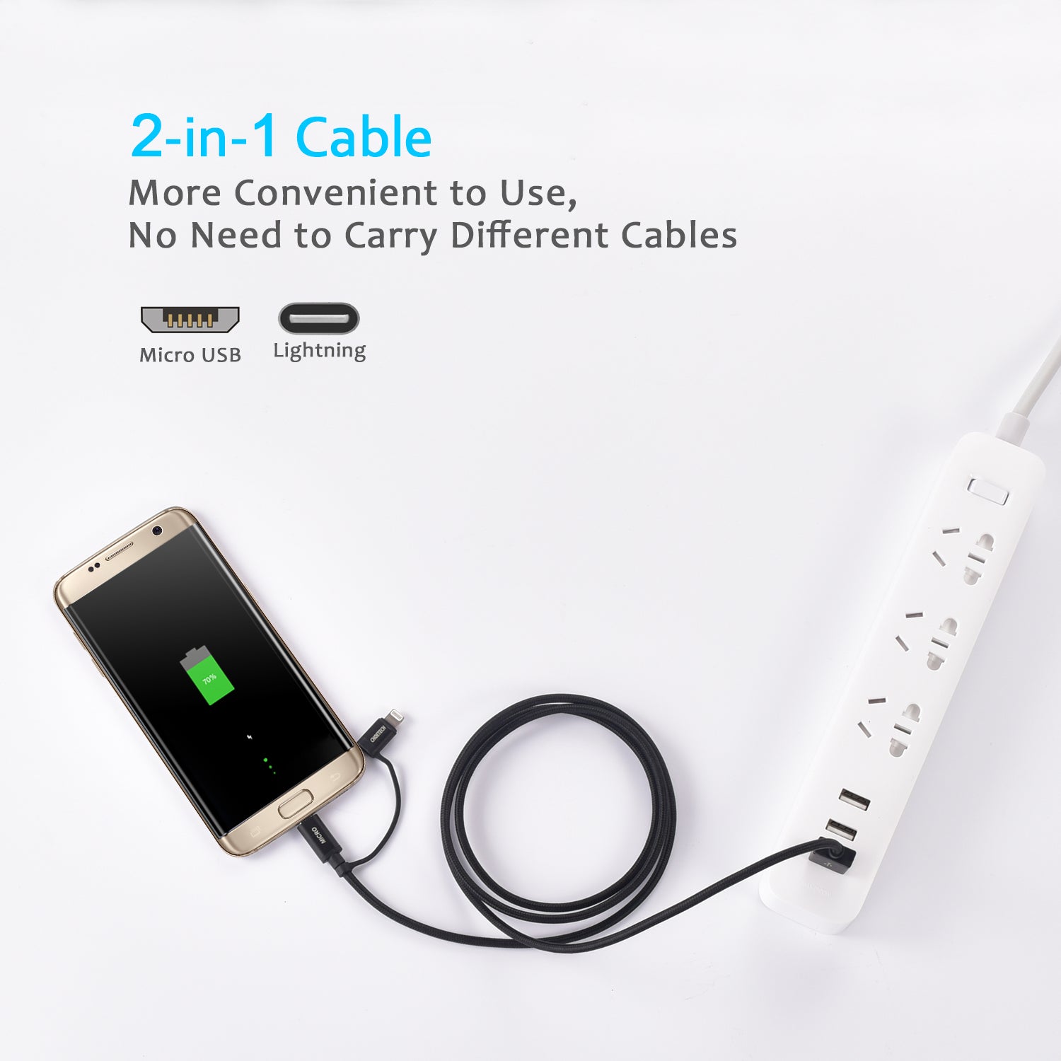 IP0028 [Certifié Apple MFi] CHOETECH Câble Lightning et Micro USB 2 en 1 (1,2 m), câble de charge et de synchronisation tressé en nylon pour iPhone 7/7 Plus/6s/6s Plus/6/6 Plus, iPad, iPod, Galaxy Bord S7 et plus