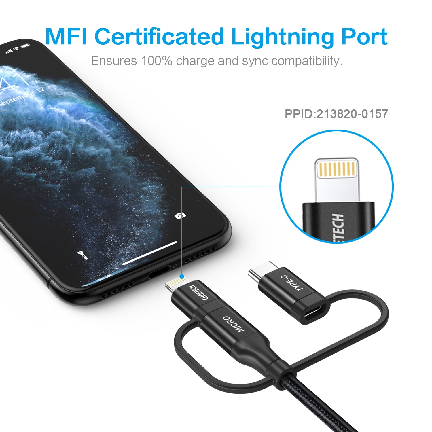 IP0030 Multi-USB-Kabel, CHOETECH 3-in-1-Geflechtkabel mit Lightning-/Typ-C-/Micro-USB-Anschluss, [MFi-zertifiziert] Lade- und Synchronisierungskabel für iPhone, iPad, Galaxy und weitere iOS- und Android-Geräte
