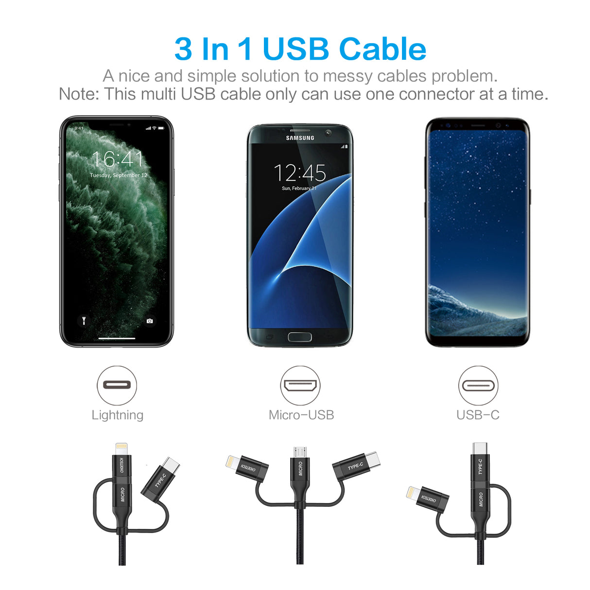 IP0030 Choetech 3-in-1 Braided Cable with Lightning/Type-C/Micro USB Connectors