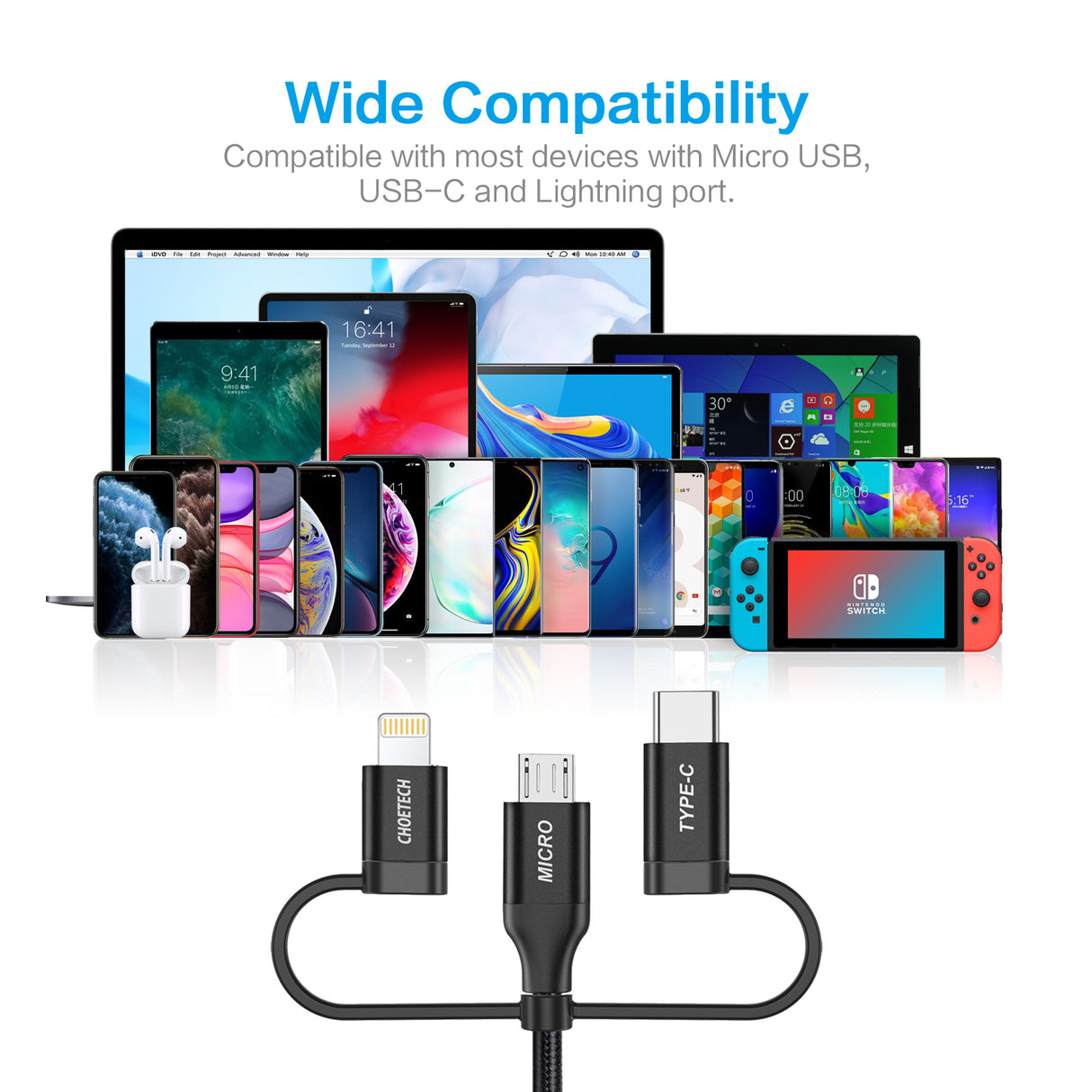 IP0030 Multi-USB-Kabel, CHOETECH 3-in-1-Geflechtkabel mit Lightning-/Typ-C-/Micro-USB-Anschluss, [MFi-zertifiziert] Lade- und Synchronisierungskabel für iPhone, iPad, Galaxy und weitere iOS- und Android-Geräte