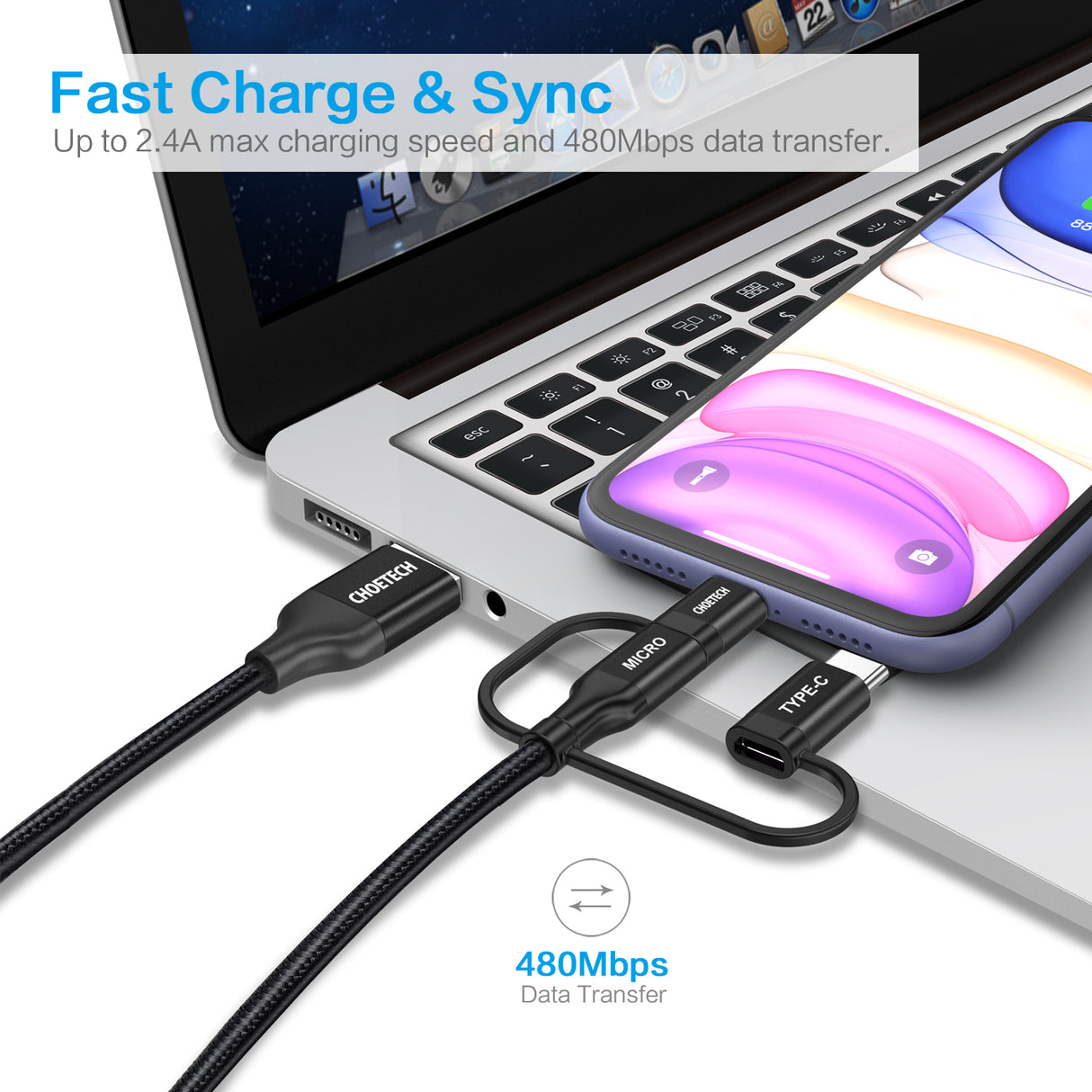 IP0030 Choetech 3-in-1 Braided Cable with Lightning/Type-C/Micro USB Connectors