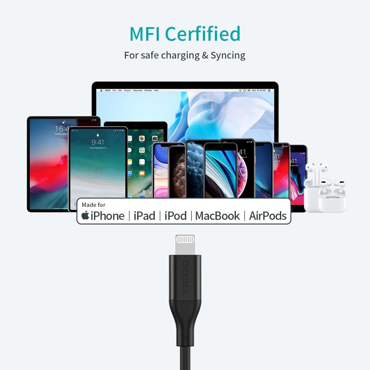 Câble IP0040 Type C vers Lightning 1,2 m/4 pieds, CHOETECH [Certifié Apple MFi] PD Câble Lightning vers USB C à charge rapide pour iPhone 11/11 Pro/11 Pro Max/X/XS/XR/XS Max/8/8 Plus, iPad, iPod, iMac MacBook et plus