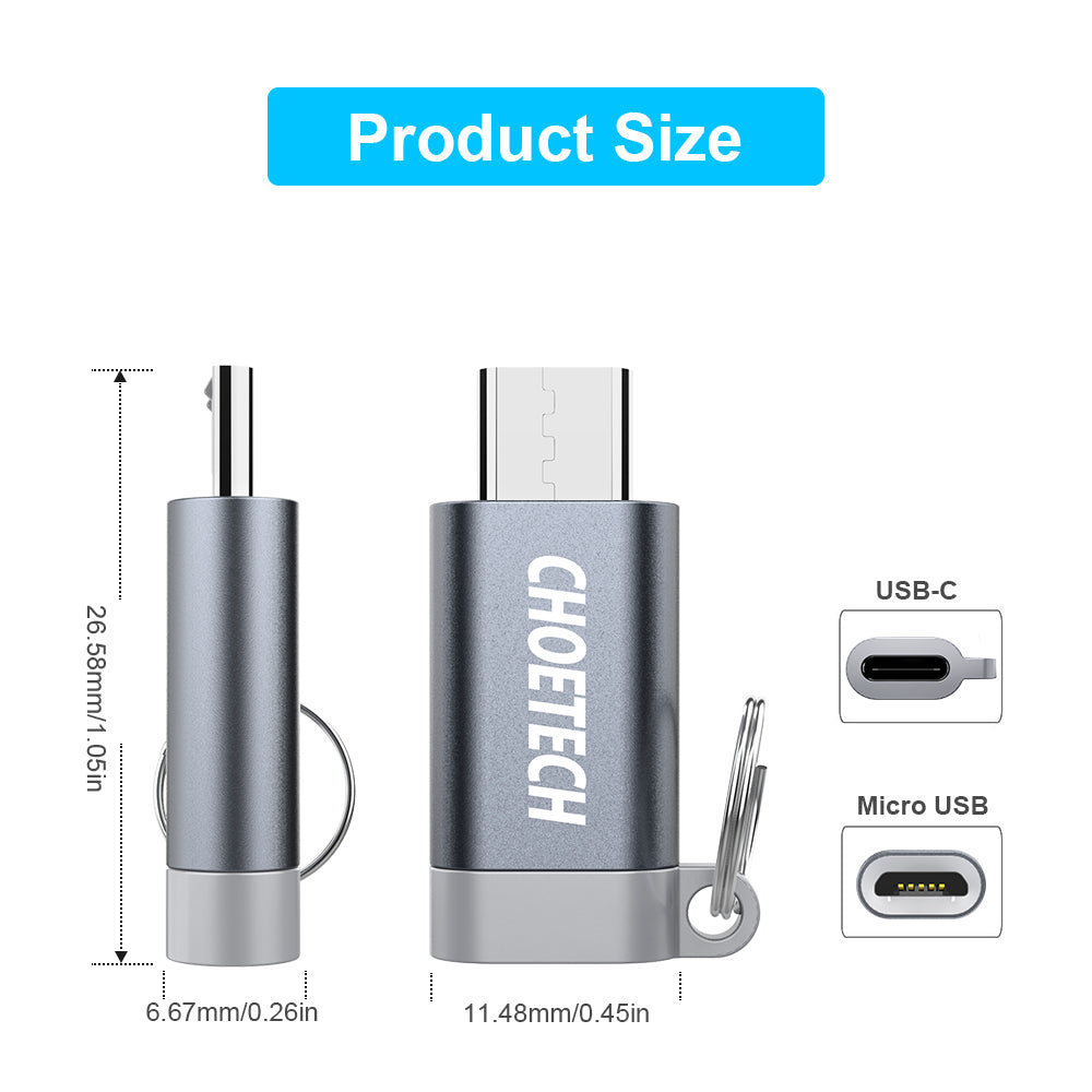 Adaptador Micro USB a USB C, CHOETECH Paquete de 4 Tipo C (hembra) a Micro USB (macho) Conector de conversión de sincronización de carga con llavero