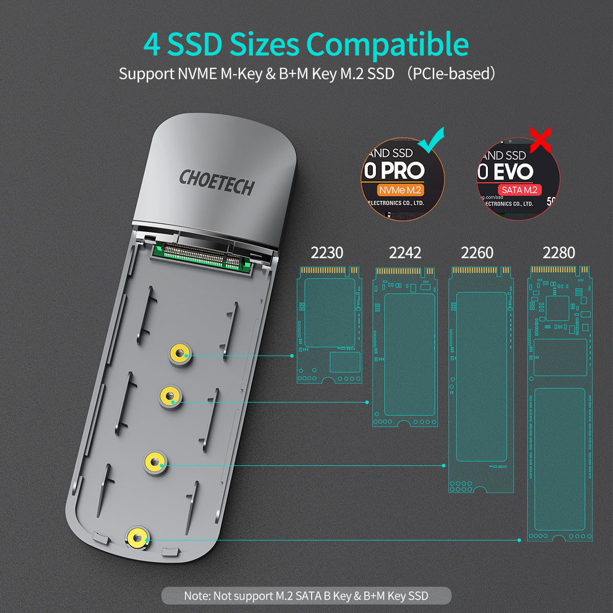PC-HDE16 CHOETECH Boîtier SSD M.2 NVMe, USB 3.1 Gen 2 [10 Gbit/s] vers NVME PCI-E M-Key Solid State Drive SSD Adaptateur de boîtier externe Prise en charge des SSD M.2 NVMe 2280 2260 2242 2230