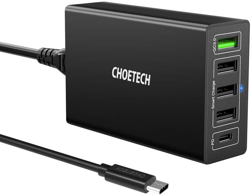 Q34U2Q CHOETECH Chargeur USB C PD, chargeur mural 5 ports 60 W avec alimentation 30 W et charge rapide 3.0 18 W Compatible avec Galaxy Note 10 Plus/Note 10, iPhone 11/11 Pro/Xs/X/8, iPad Pro, MacBook et plus