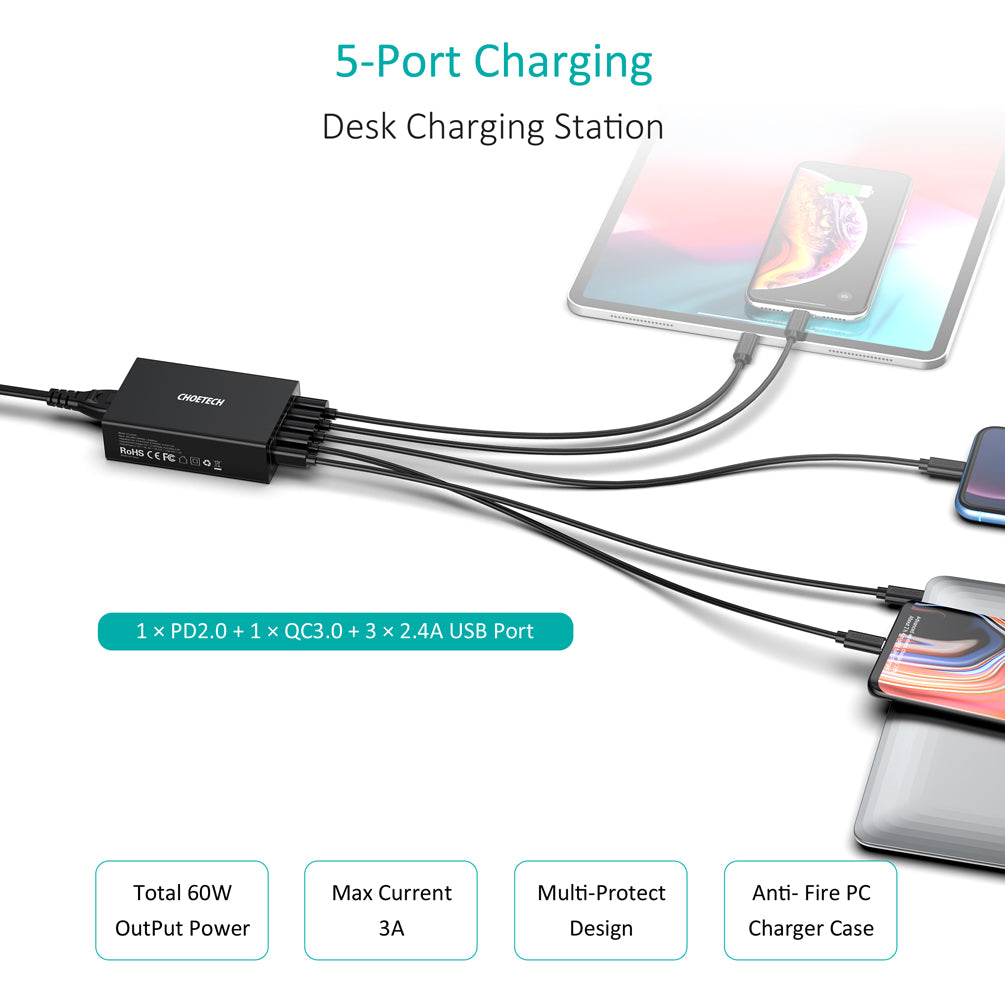 Q34U2Q CHOETECH USB C PD Charger, 5-Port 60W Wall Charger with 30W Power Delivery and 18W Quick Charge 3.0 Compatible with Galaxy Note 10 Plus/Note 10, iPhone 11/11 Pro/Xs/X/8, iPad Pro, MacBook and More