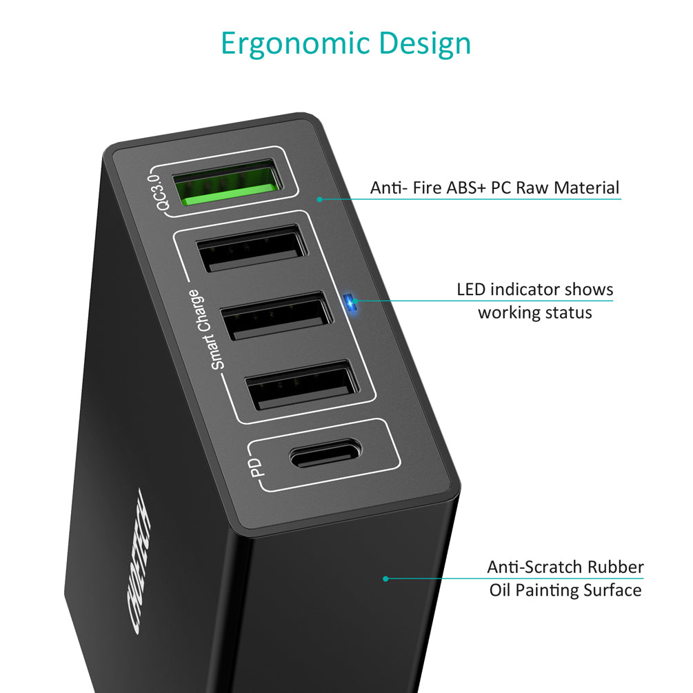 Q34U2Q CHOETECH USB C PD Charger, 5-Port 60W Wall Charger with 30W Power Delivery and 18W Quick Charge 3.0 Compatible with Galaxy Note 10 Plus/Note 10, iPhone 11/11 Pro/Xs/X/8, iPad Pro, MacBook and More