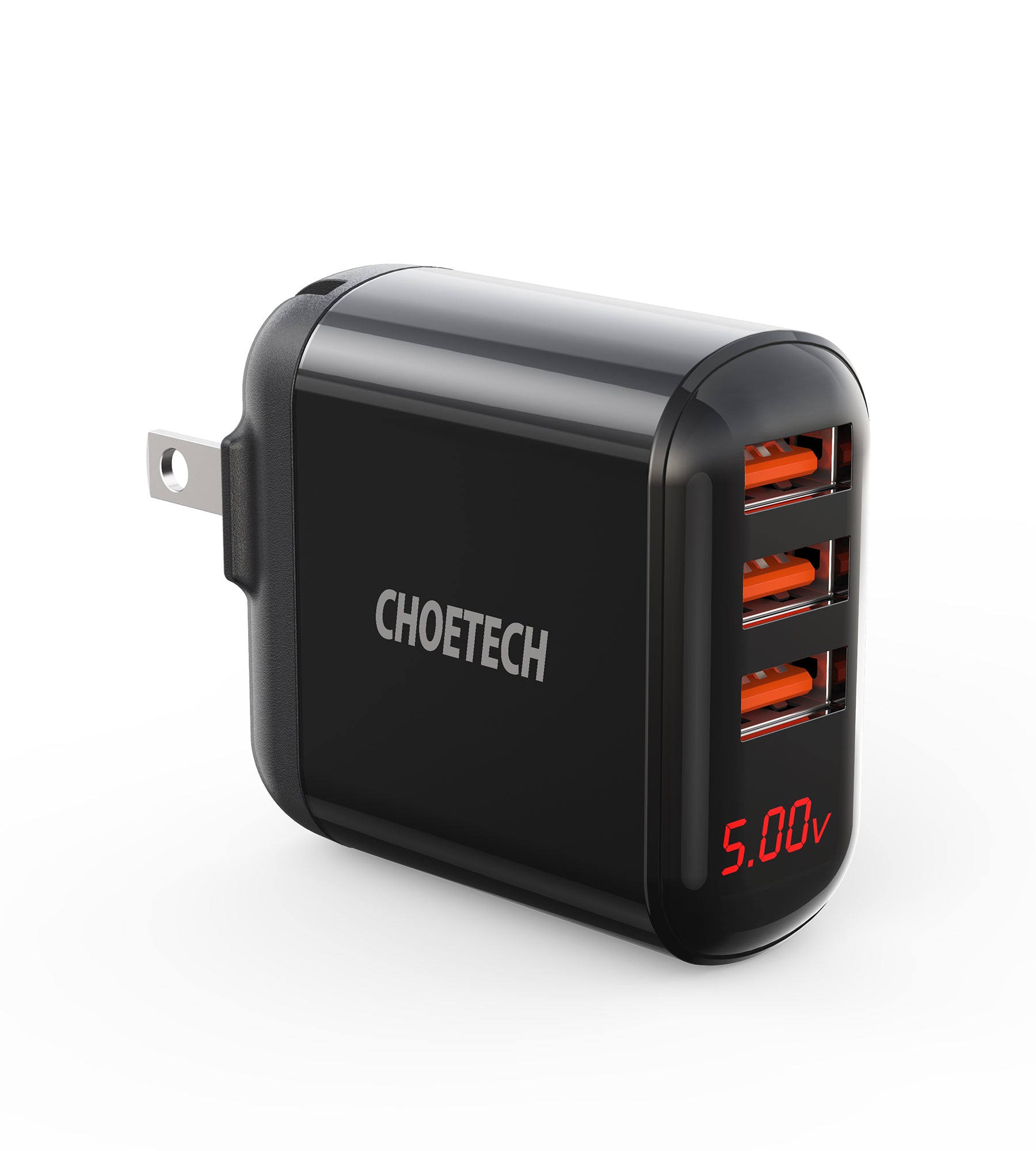 Q5009 CHOETECH USB Wall Charger, Triple-Port USB Plug with Foldable Plug and LED Digital Screen Display Compatible With iPhone SE 2020/11/XS/XS Max/XR/8 Plus/iPad Pro/Air 4/Mini 5/4 Ultra etc