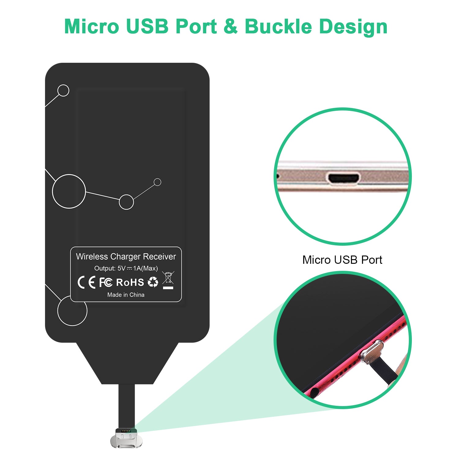 WP-MICRO Choetech Ultradünner, kabelloser Qi-Ladeempfänger, Patchmodul-Chip, kompatibel mit allen Micro-USB-Geräten mit schmaler Seite nach oben