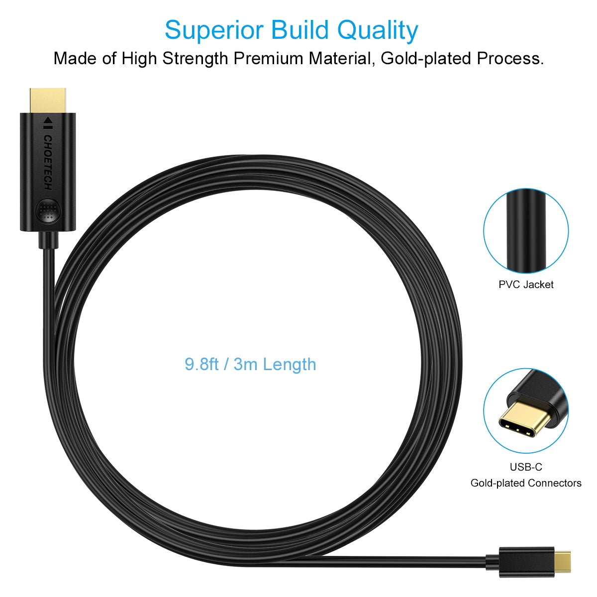 XCH-0030 USB C to HDMI Cable (10ft/3m), CHOETECH Type C (Thunderbolt 3) to HDMI 4K/30Hz Cable Compatible with iPad Pro, 2019/2018 MacBook Pro, iMac, MacBook, ChromeBook, Galaxy S10/S9/Note 10/Note 9, Dell XPS, etc