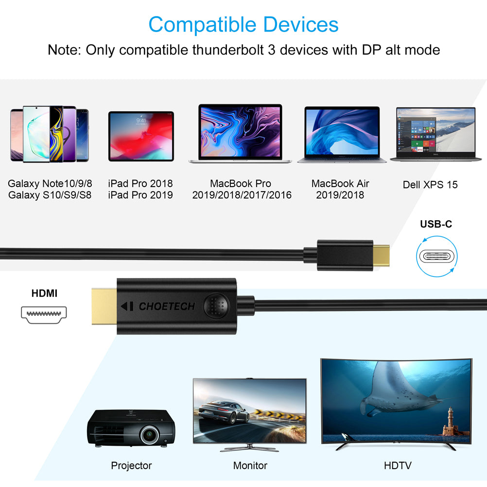 XCH-0030 Câble USB C vers HDMI (10ft/3m), CHOETECH Type C (Thunderbolt 3) vers HDMI 4K/30Hz Câble Compatible avec iPad Pro, MacBook Pro 2019/2018, iMac, MacBook, ChromeBook, Galaxy S10/S9/Note 10/Note 9, Dell XPS, etc.
