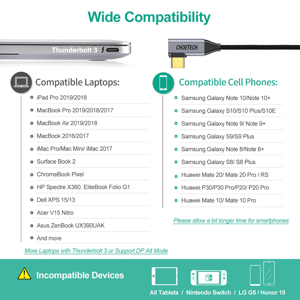 XCH-1201BK CHOETECH Câble USB C vers HDMI (4K @ 60Hz), Câble USB Type C vers HDMI de 6 pieds tressé Thunderbolt 3