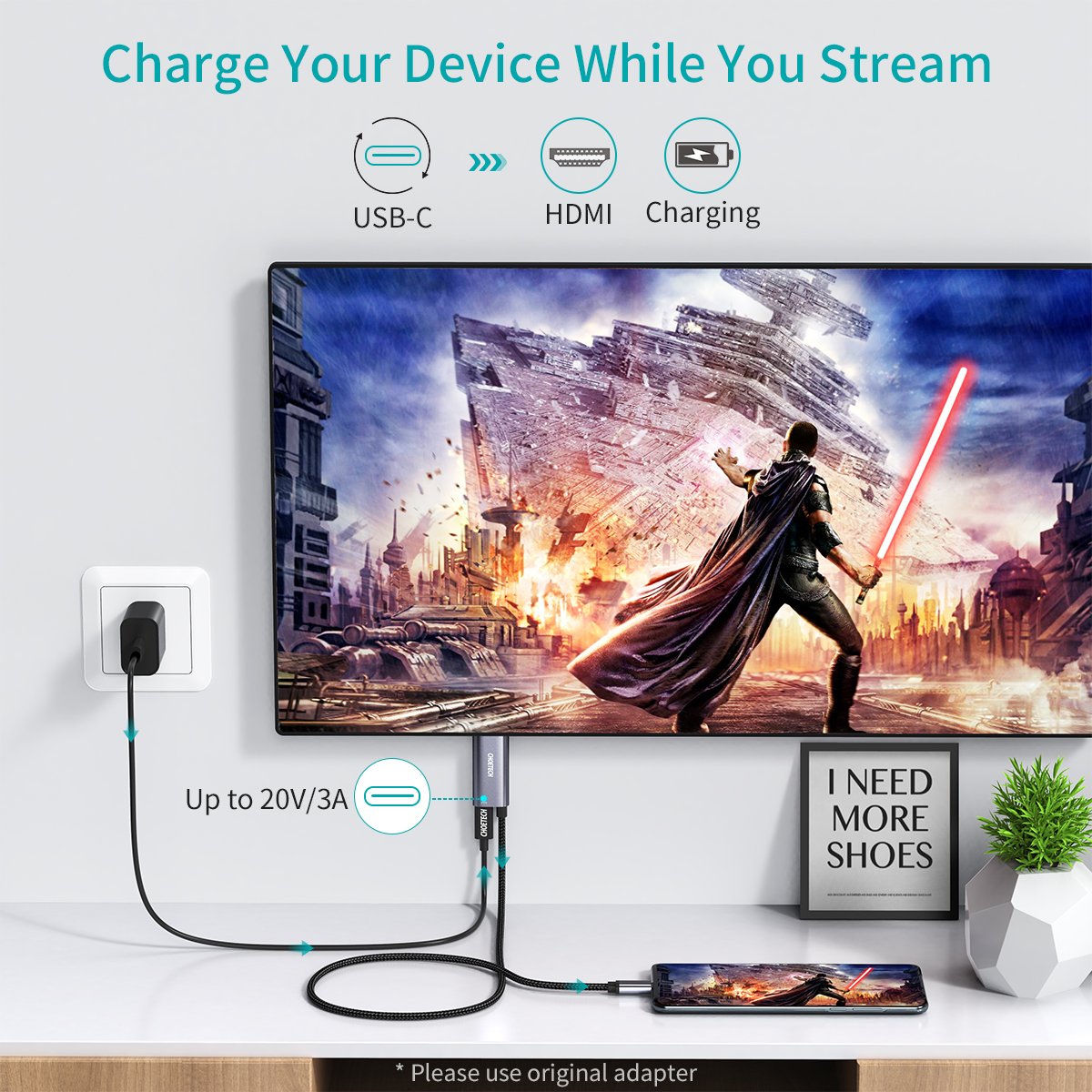 CHOETECH XCH-M180GY USB Type C to HDMI Cable with 60W PD Charging Port Adapter