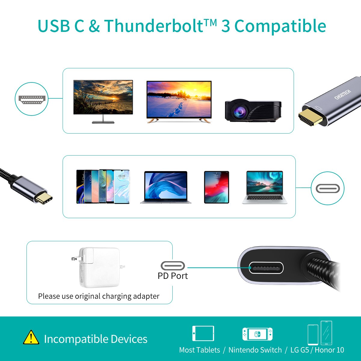 XCH-M180 Câble USB Type C vers HDMI avec adaptateur de port de charge d'alimentation 60W 6FT