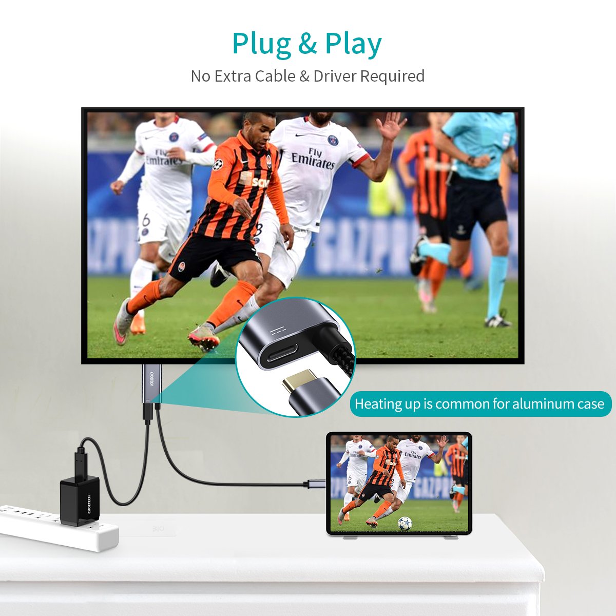CHOETECH XCH-M180GY USB Type C to HDMI Cable with 60W PD Charging Port Adapter
