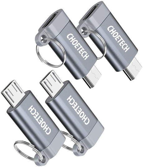 Adaptador Micro USB a USB C, CHOETECH Paquete de 4 Tipo C (hembra) a Micro USB (macho) Conector de conversión de sincronización de carga con llavero