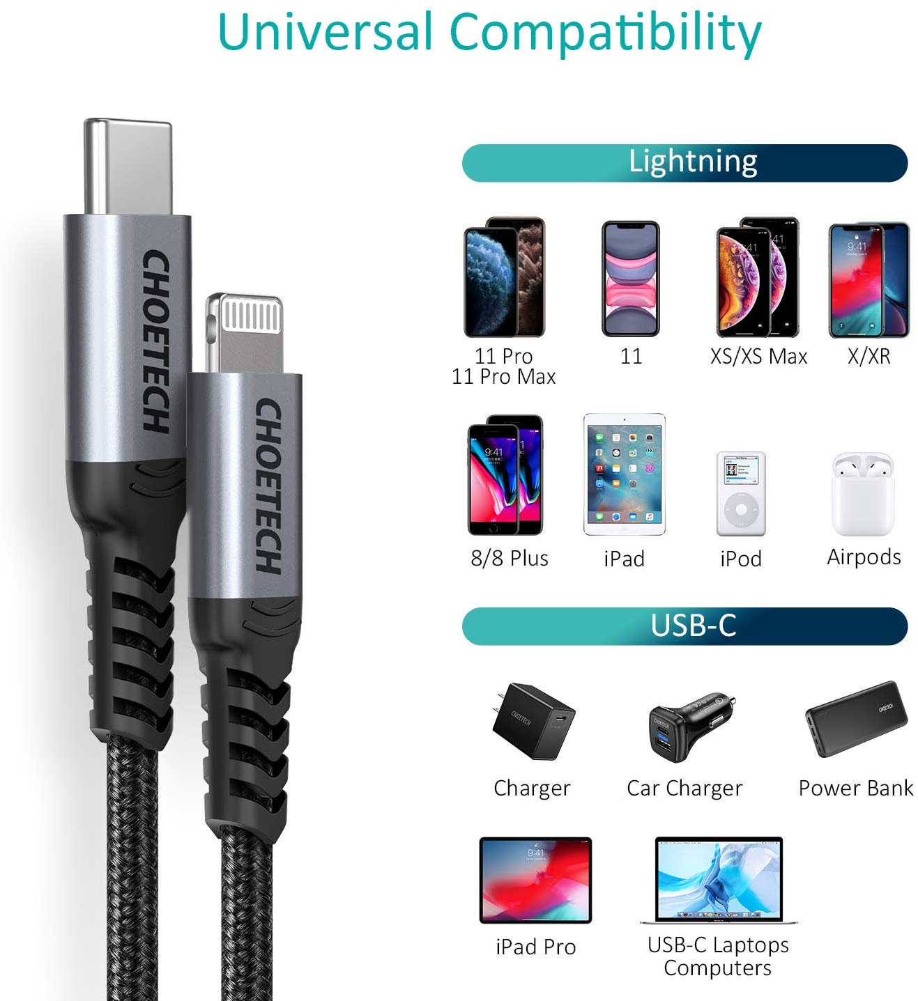 IP0037 Choetech MFi Certified USB-C to Lightning Nylon Braided Cable