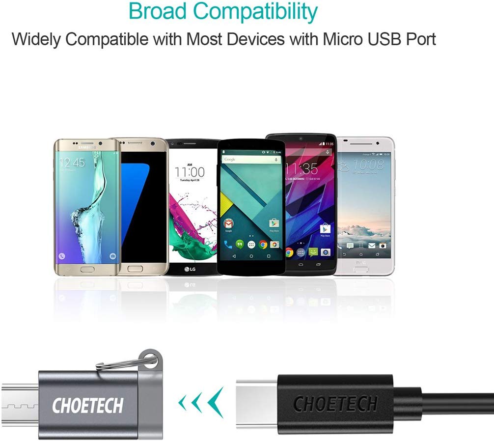 MIX00084 Adaptateur micro USB vers USB C, CHOETECH Lot de 4 connecteurs de conversion de synchronisation de charge de type C (femelle) vers micro USB (mâle) avec porte-clés pour Samsung Galaxy S7/S7 Edge, Nexus 5/6 et autres appareils micro USB