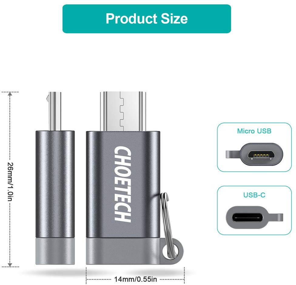 MIX00084 Micro USB to USB C Adapter, CHOETECH 4 Pack Type C (Female) to Micro USB (Male) Charge Sync Convert Connector with Keyring for Samsung Galaxy S7/S7 Edge, Nexus 5/6 and More Micro USB Devices